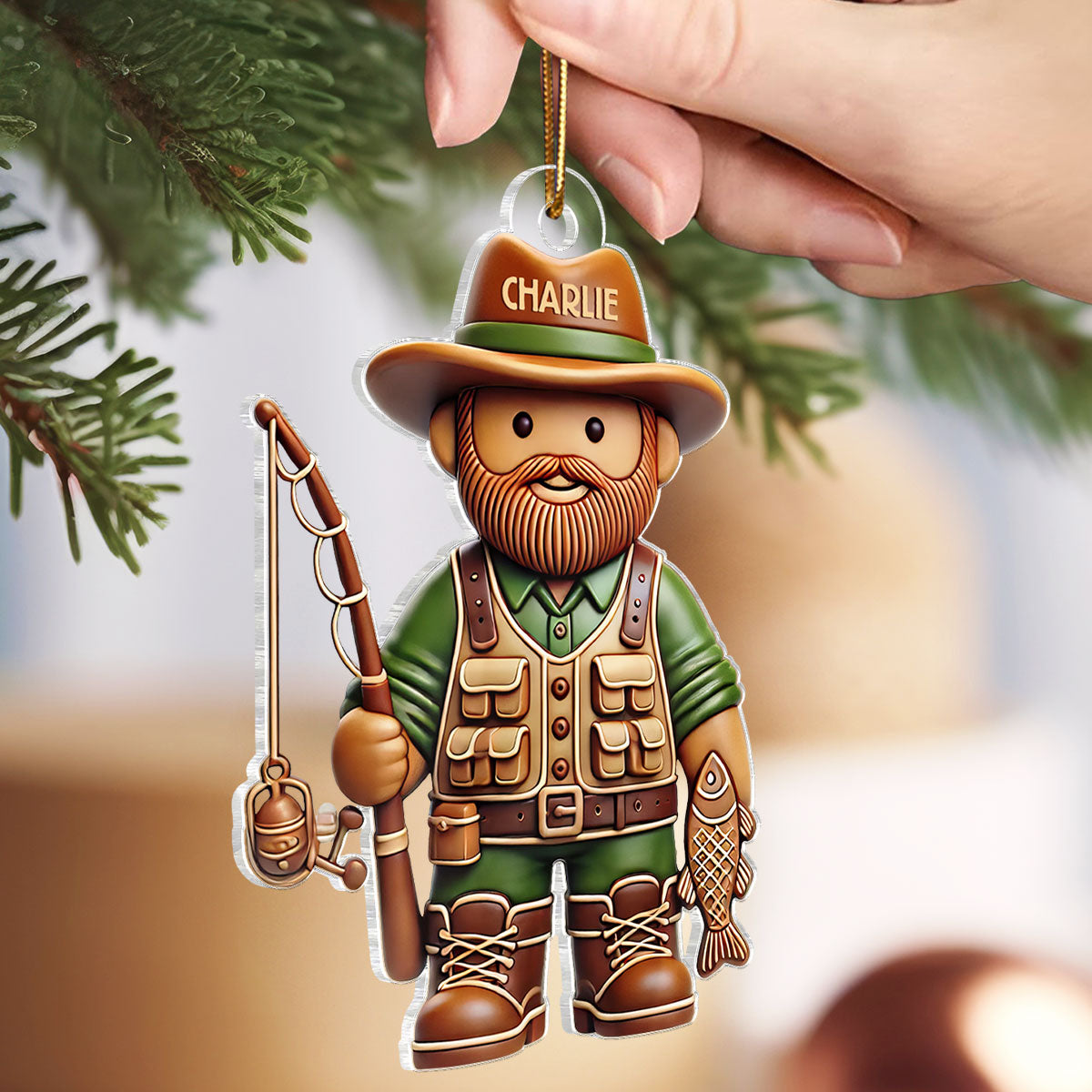 3D Effect Fisherman Christmas Personalized Acrylic Ornament, Funny Christmas Gift For Fishers, Fishing Lovers