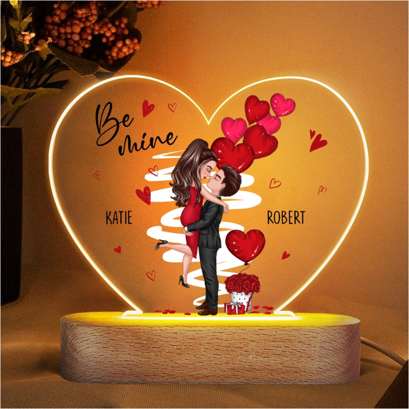 Be Mine Doll Couple Kissing Personalized Heart Plaque LED Night Light - Gift For Him Gift For Her