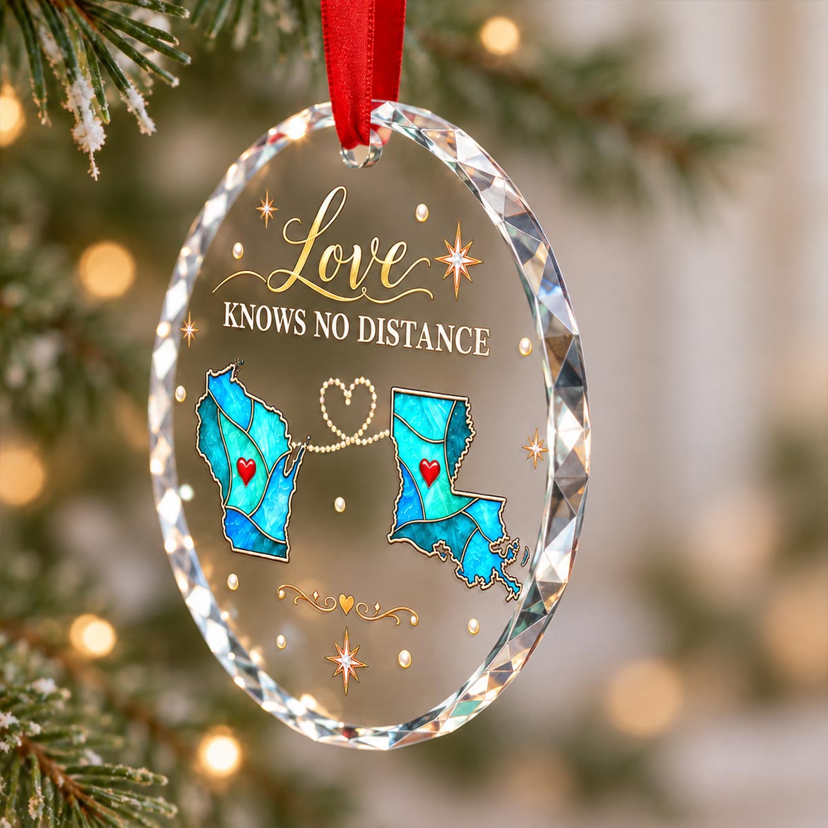 Love Knows No Distance Custom Blue State Maps - Personalized Glass Ornament - Christmas Long Distance Gift For Family, Friends