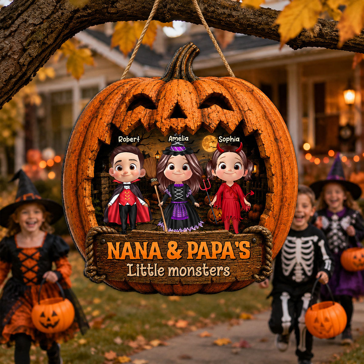 Grandpa & Grandma's Little Monsters - Personalized Wood Sign - Halloween Decor For Grandparents