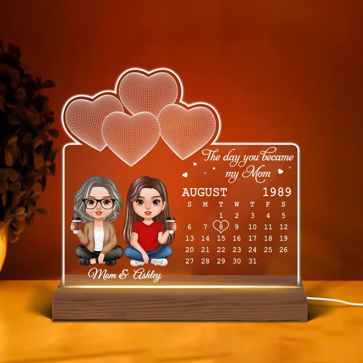 Realistic Doll Mother Daughter Under 3D Heart Personalized Custom Shape LED Night Light