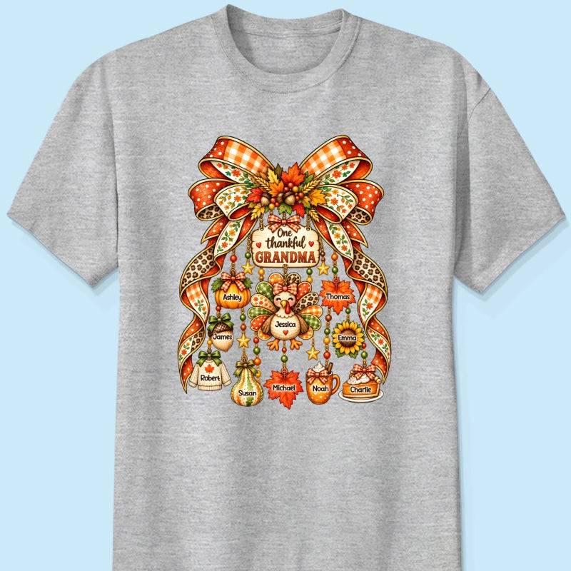 One Thankful Grandma Fall Thanksgiving Charm Bow - Personalized Shirt - Gift for Grandma