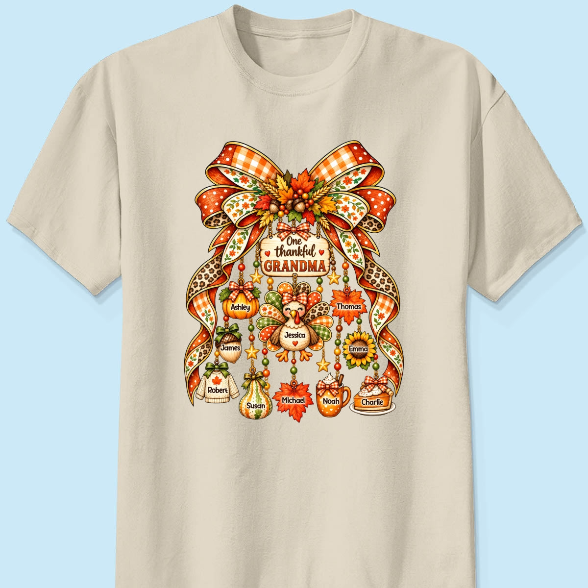One Thankful Grandma Fall Thanksgiving Charm Bow - Personalized Shirt - Gift for Grandma