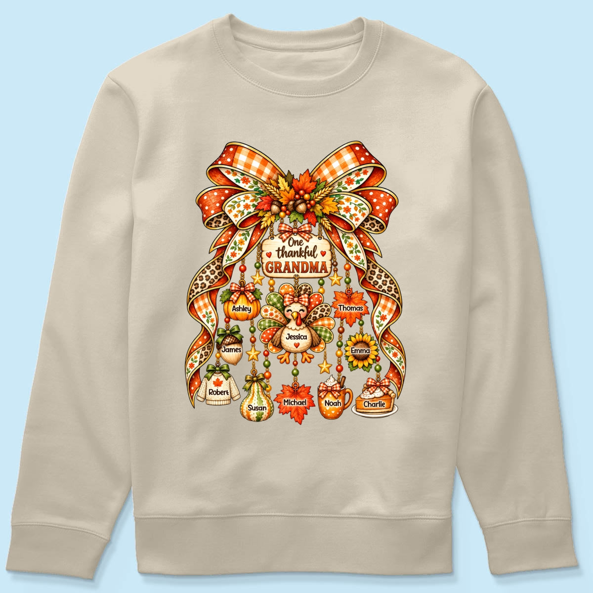 One Thankful Grandma Fall Thanksgiving Charm Bow - Personalized Shirt - Gift for Grandma