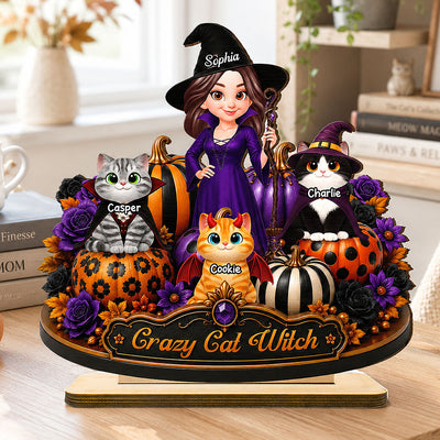Crazy Cat Witch 2D Flat - Personalized Wooden Plaque - Halloween Decoration.