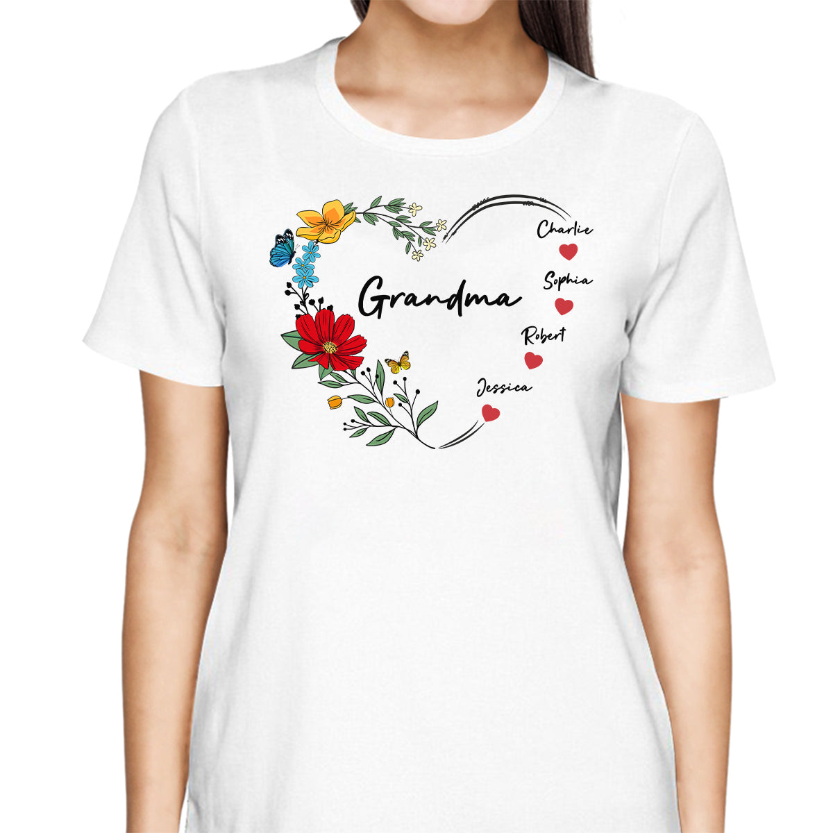 Grandma Mom Hearts Flower Kids Names Personalized Shirt