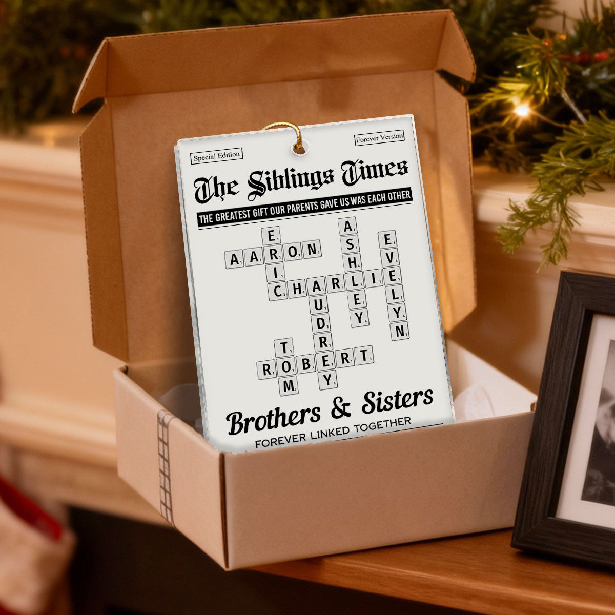 The Siblings Times Crossword Puzzle Newspaper Style - Personalized Acrylic Ornament - Christmas Keepsake Gift For Brothers, Sisters
