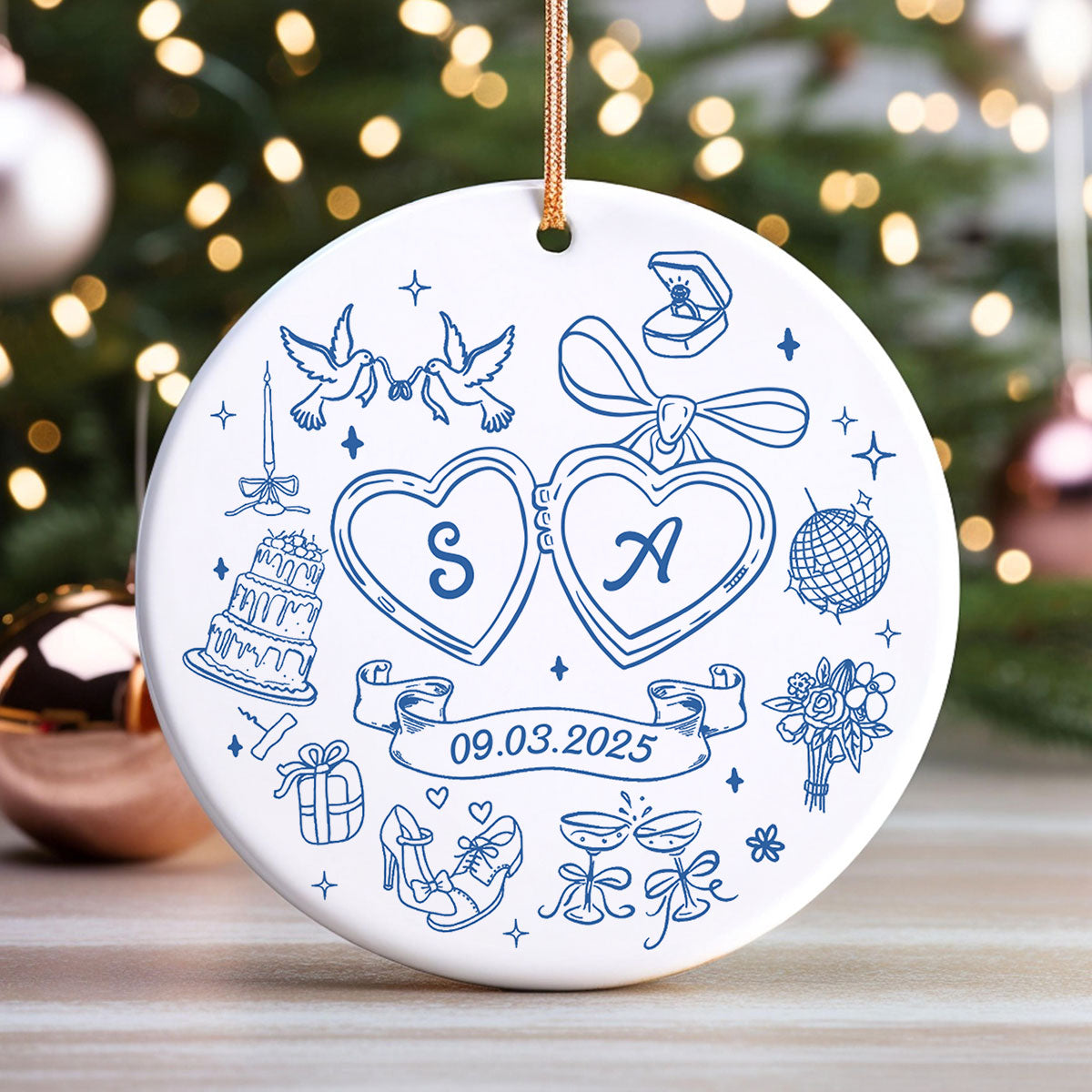 Couple Initials Locket Coquette Doodle Personalized Ceramic Ornament, First Christmas Gift, Married, Engagement Gift for Couples