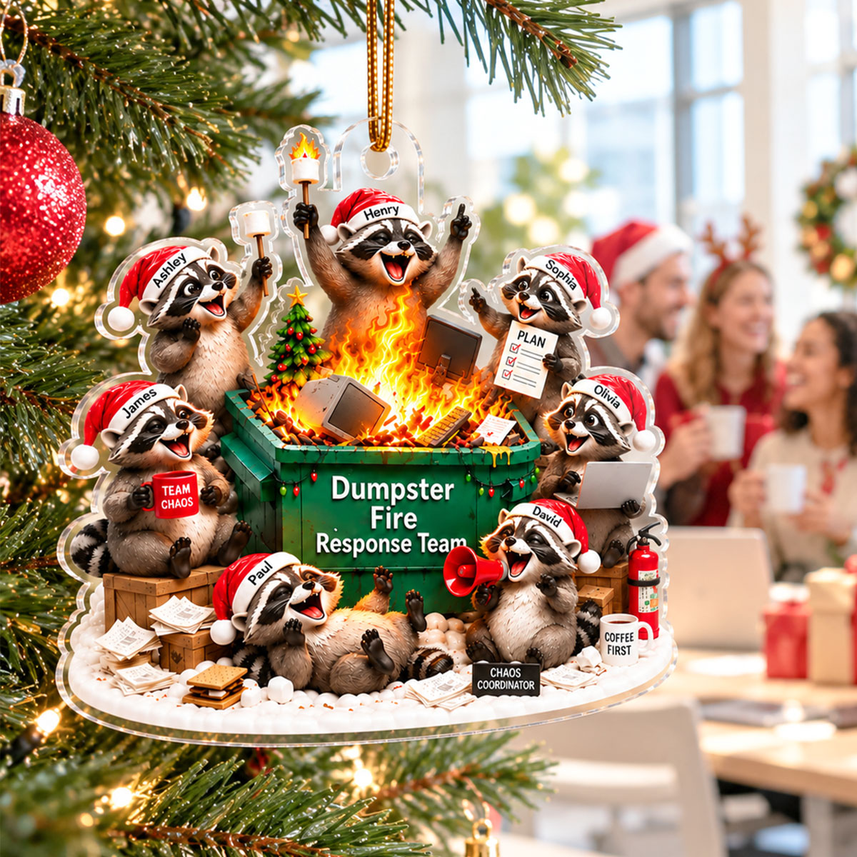 Dumpster Fire Response Team Funny Raccoons - Personalized Acrylic Ornament - Funny Christmas Gift For Colleagues, Coworkers, Boss