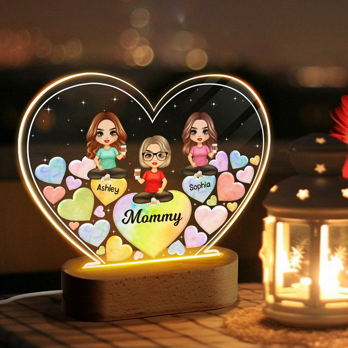 Mother And Daughters Hearts In Heart Personalized Heart Acrylic LED Night Light