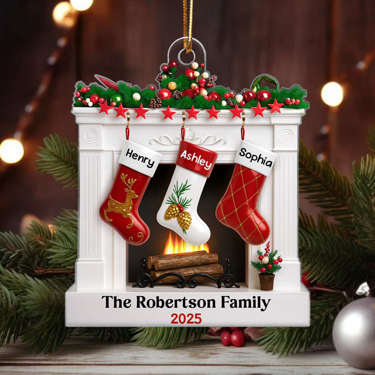 Fireplace Stocking Family Personalized Christmas Ornament, 3D Effect Ornament, Custom Family Name