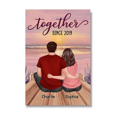Couple Sitting Back View Lake Sunset Personalized Vertical Poster