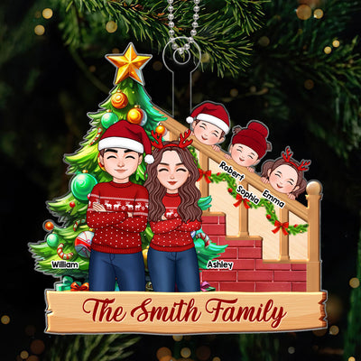 Cute Family Sitting By The Christmas Tree Personalized Acrylic Ornament
