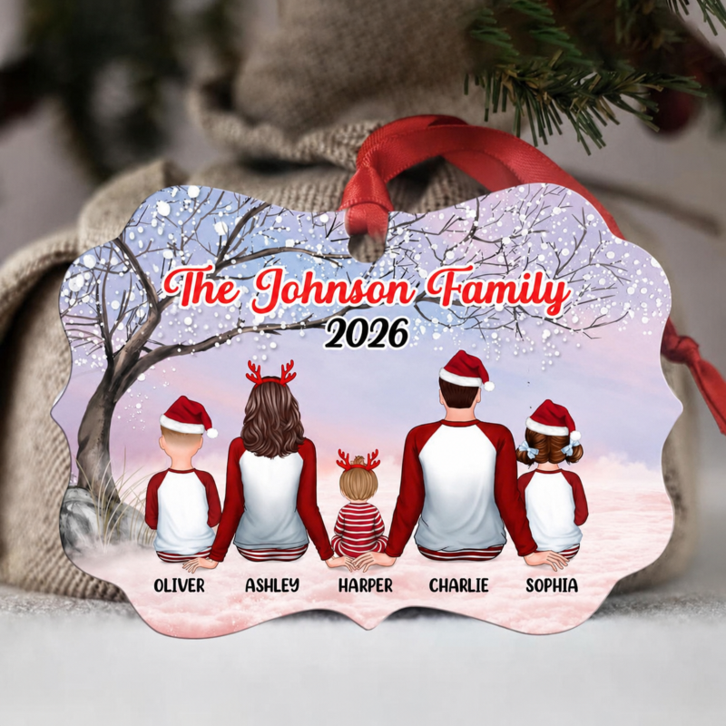 Family Pajamas Sitting Blossom Tree Personalized Christmas Ornament