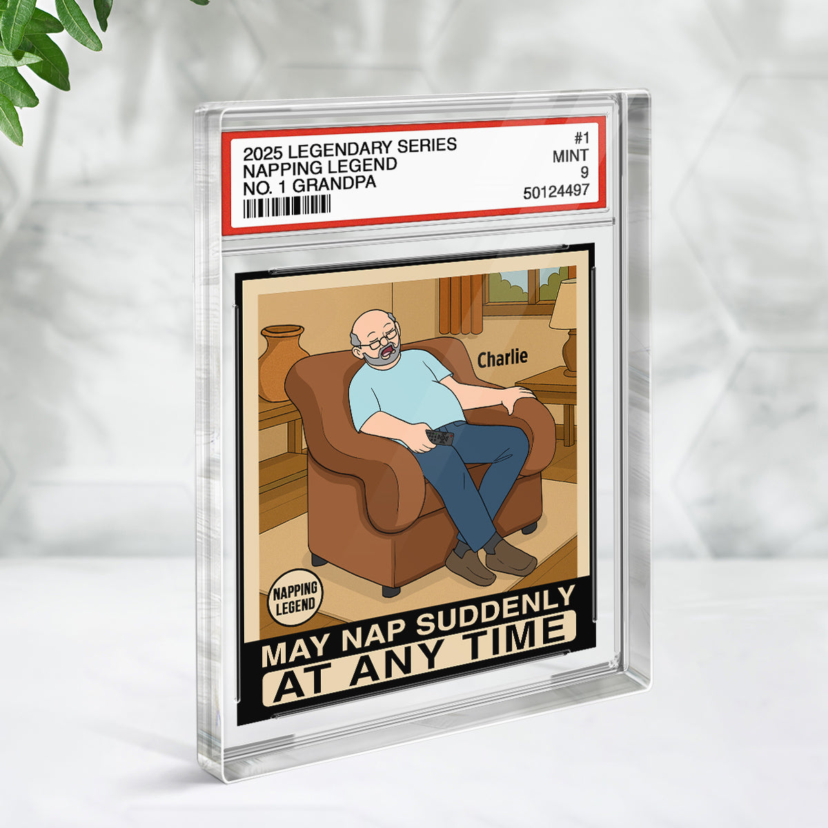 Grandpa Napping King Funny Trading Card Style Personalized Acrylic Block Plaque