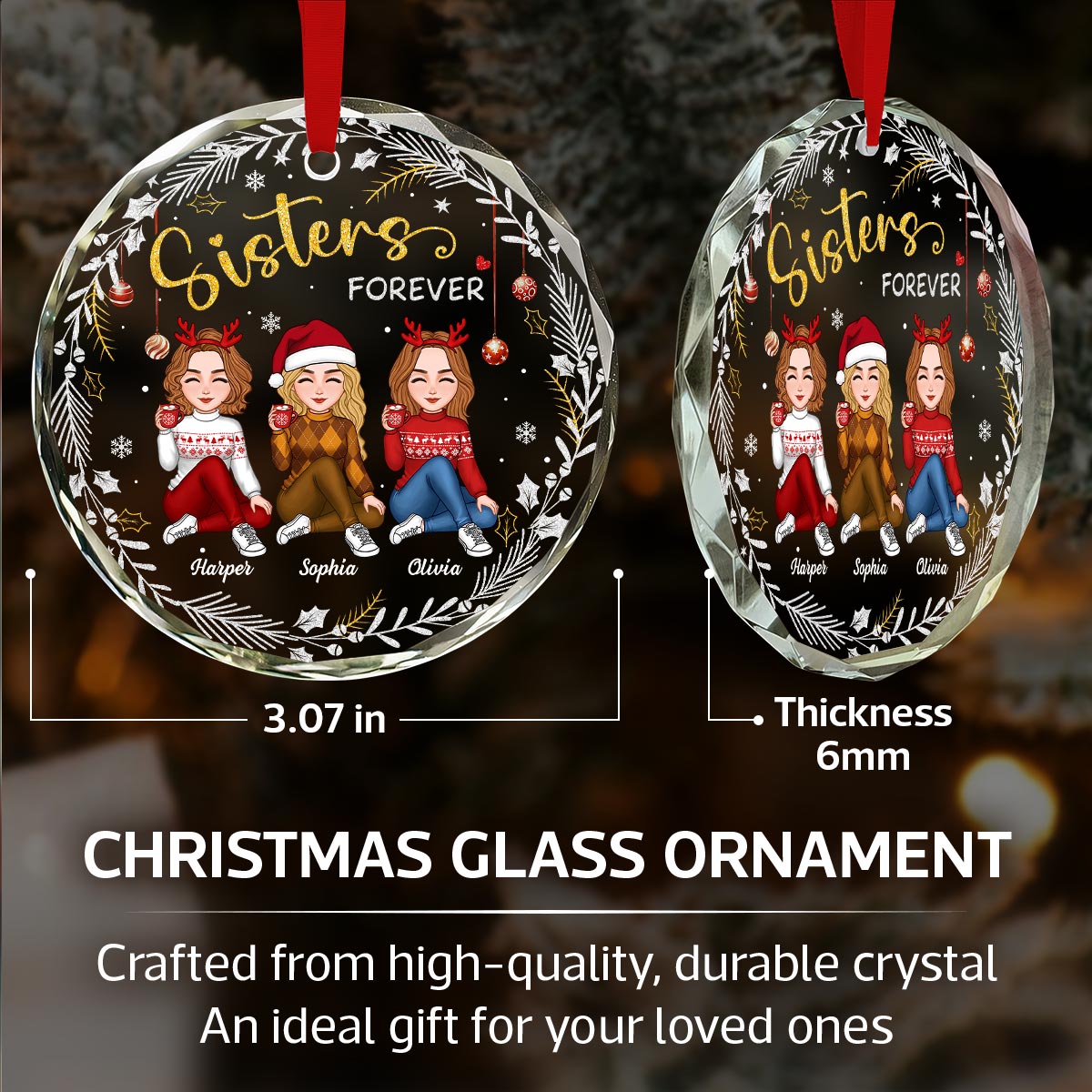 Gorgeous Sisters Forever Personalized Glass Ornament, Christmas Gift For Sisters
