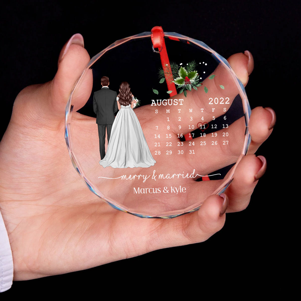 Merry And Married First Christmas Couple Calendar Personalized Christmas Glass Ornament, Anniversary Gift, Newlywed Gift, Wedding Gift