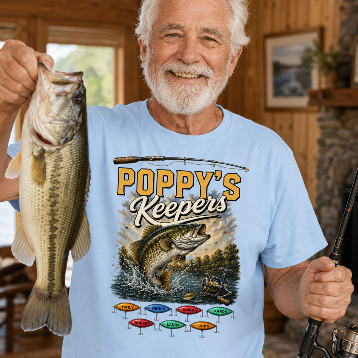 Poppy's Keepers Fishing With Grandkids Names - Personalised Shirt - Father's Day Gift For Dad, Grandpa