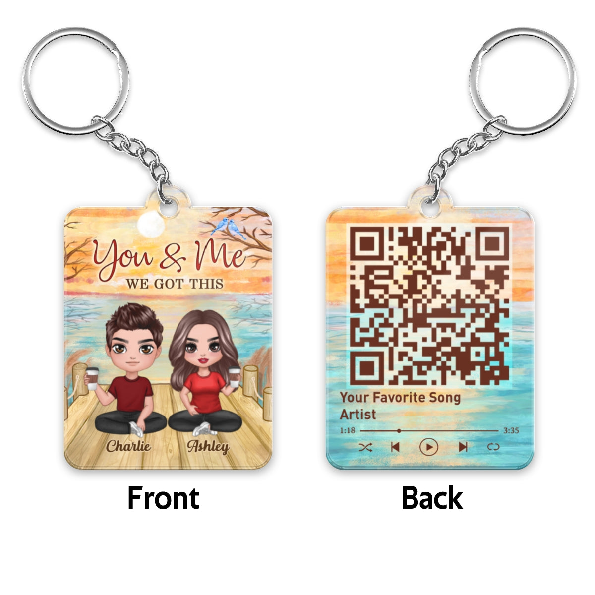 Lake View Doll Couple Sitting Favorite Song Scannable QR Code Personalized Acrylic Keychain