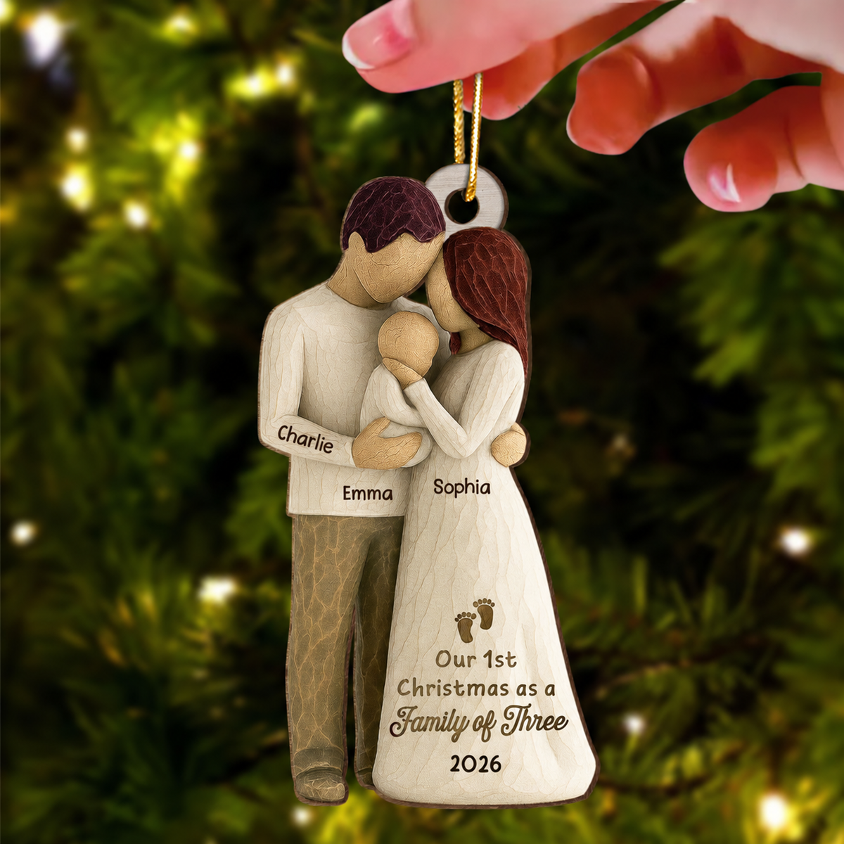 2D Flat Printed First Christmas As Family Of Three Mom Dad & Baby - Personalized Wooden Ornament