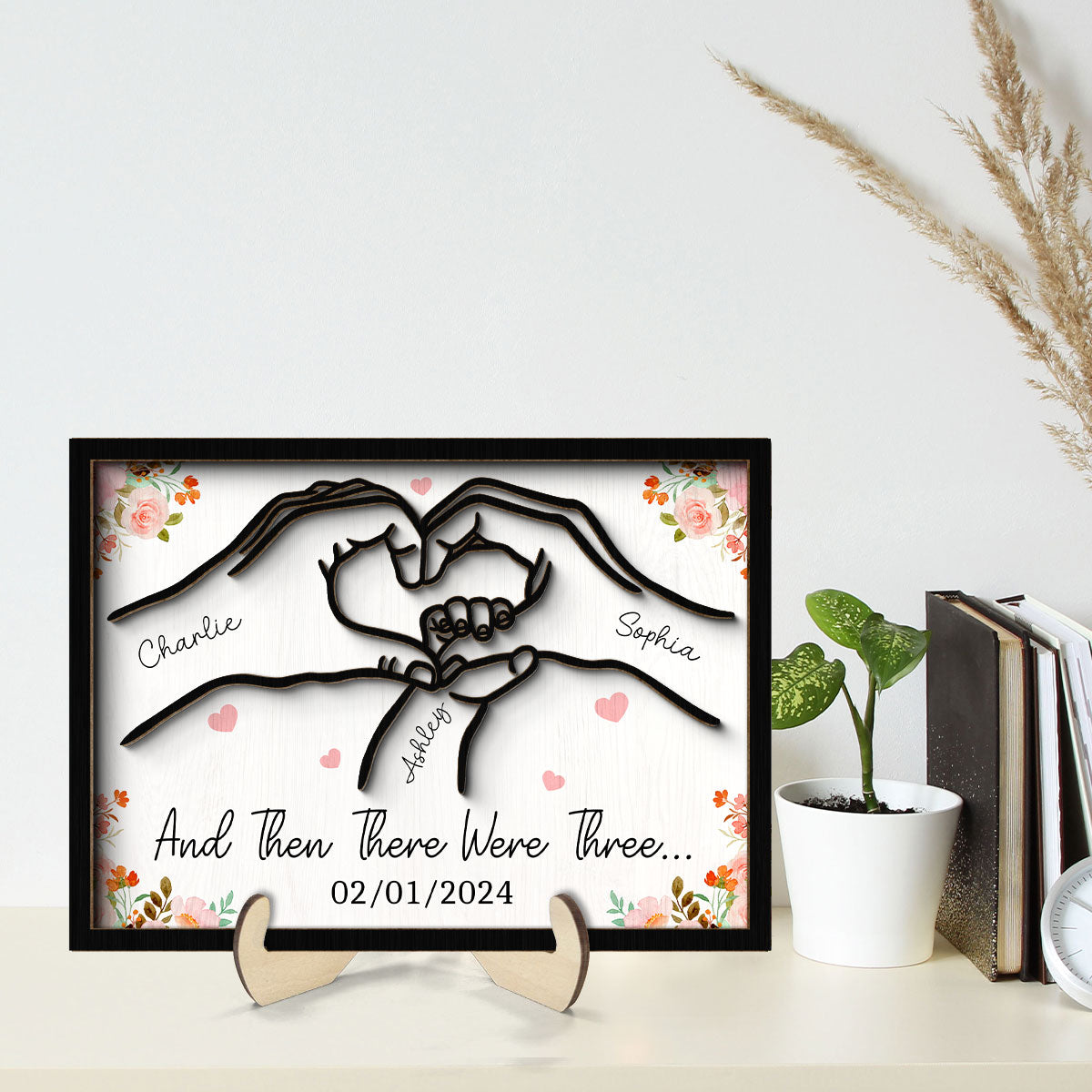 Family Of Three Heart Hand Personalized 2-Layer Wooden Plaque, Gift For New Mom New Dad