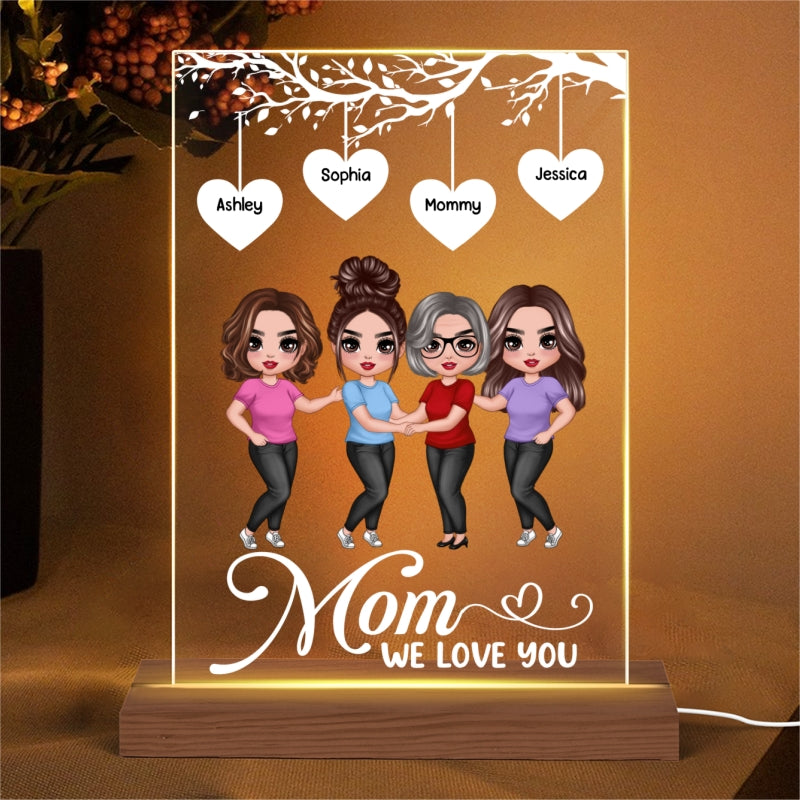 Doll Mother And Daughter Hugging Under Heart Tree Personalized Rectangle Acrylic Plaque LED Night Light