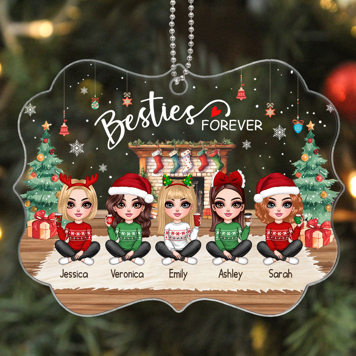 Pretty Friends Sisters Besties At Fireplace Personalized Acrylic Ornament, Christmas Gift