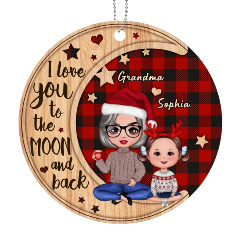 Checkered Pattern Doll Grandma & Grandkid On Moon Personalized Wooden Ornament