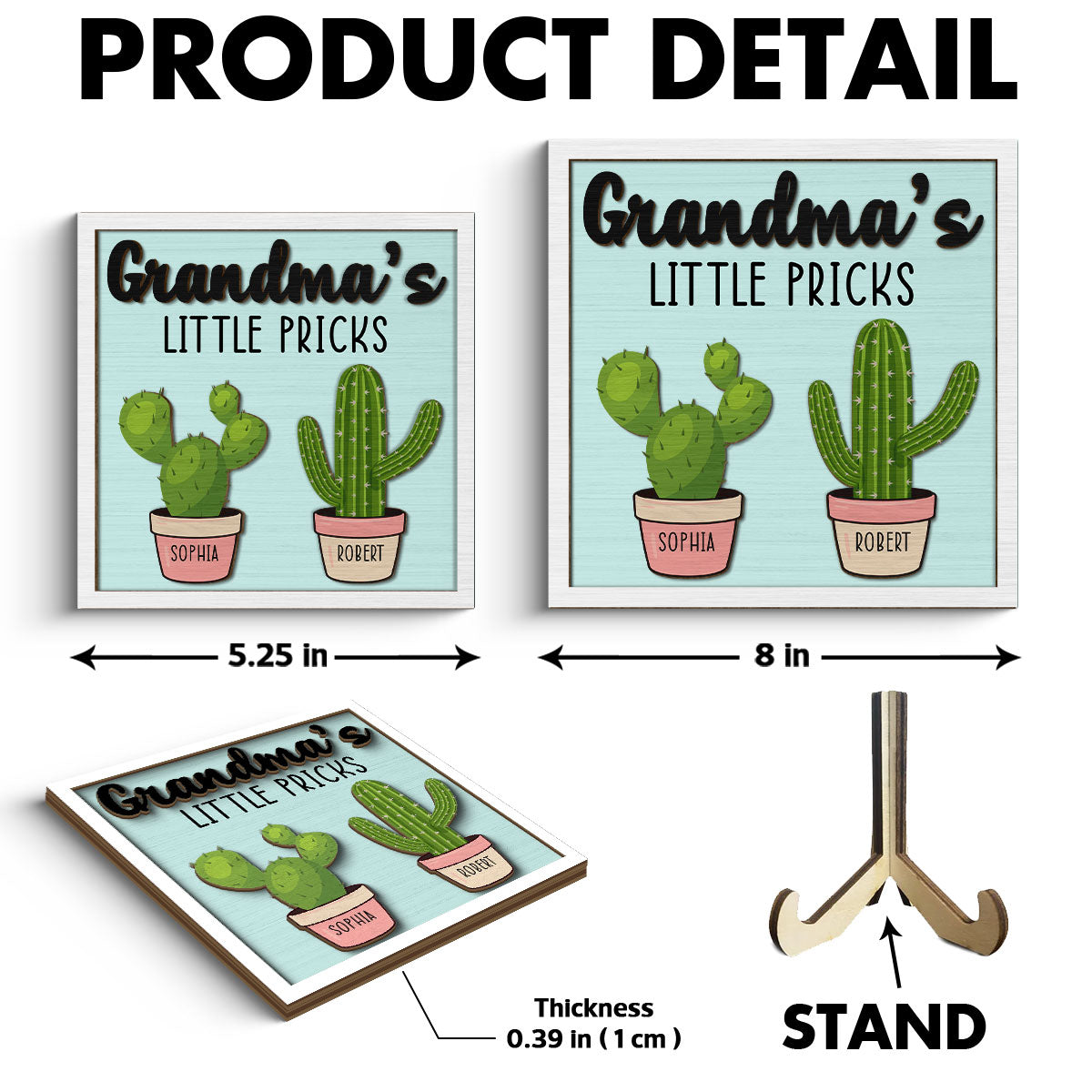 Grandma Mom Little Pricks Cactus Personalized 2-layer Wooden Plaque