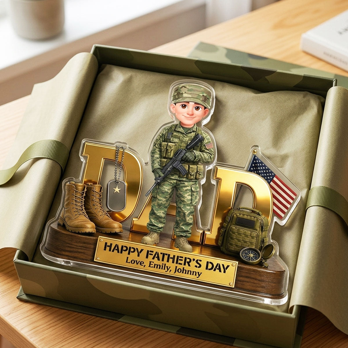 Proud American Army Military Hero Dad 2D Flat - Personalized Acrylic Block Plaque - Father's Day Gift For Dad