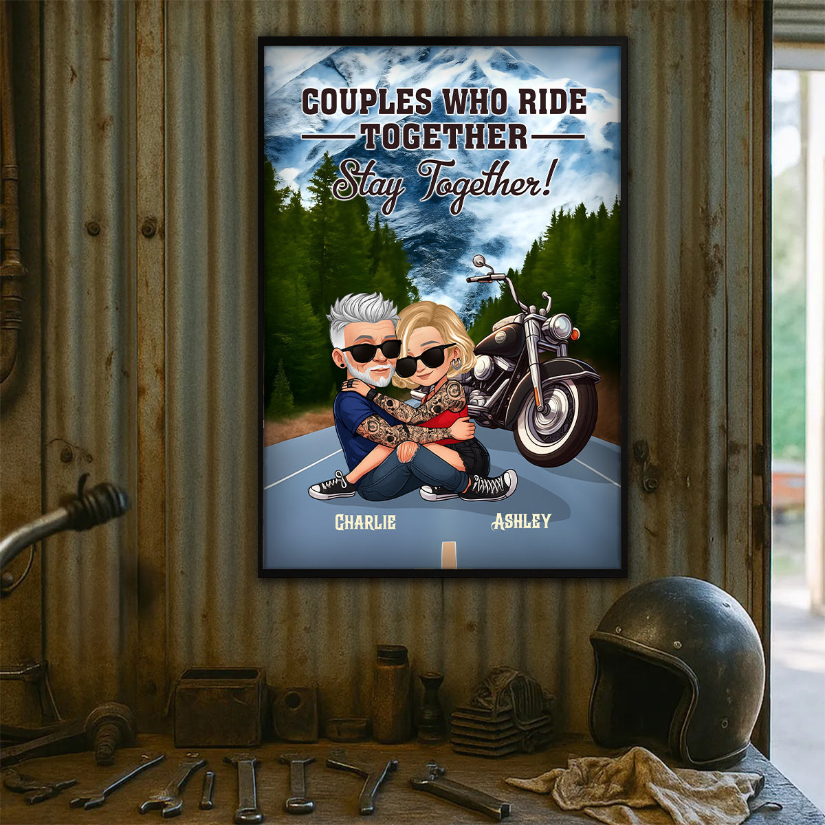 Bikers Couple Riding Partners for Life Personalized Poster, Gift for him, Gift for her