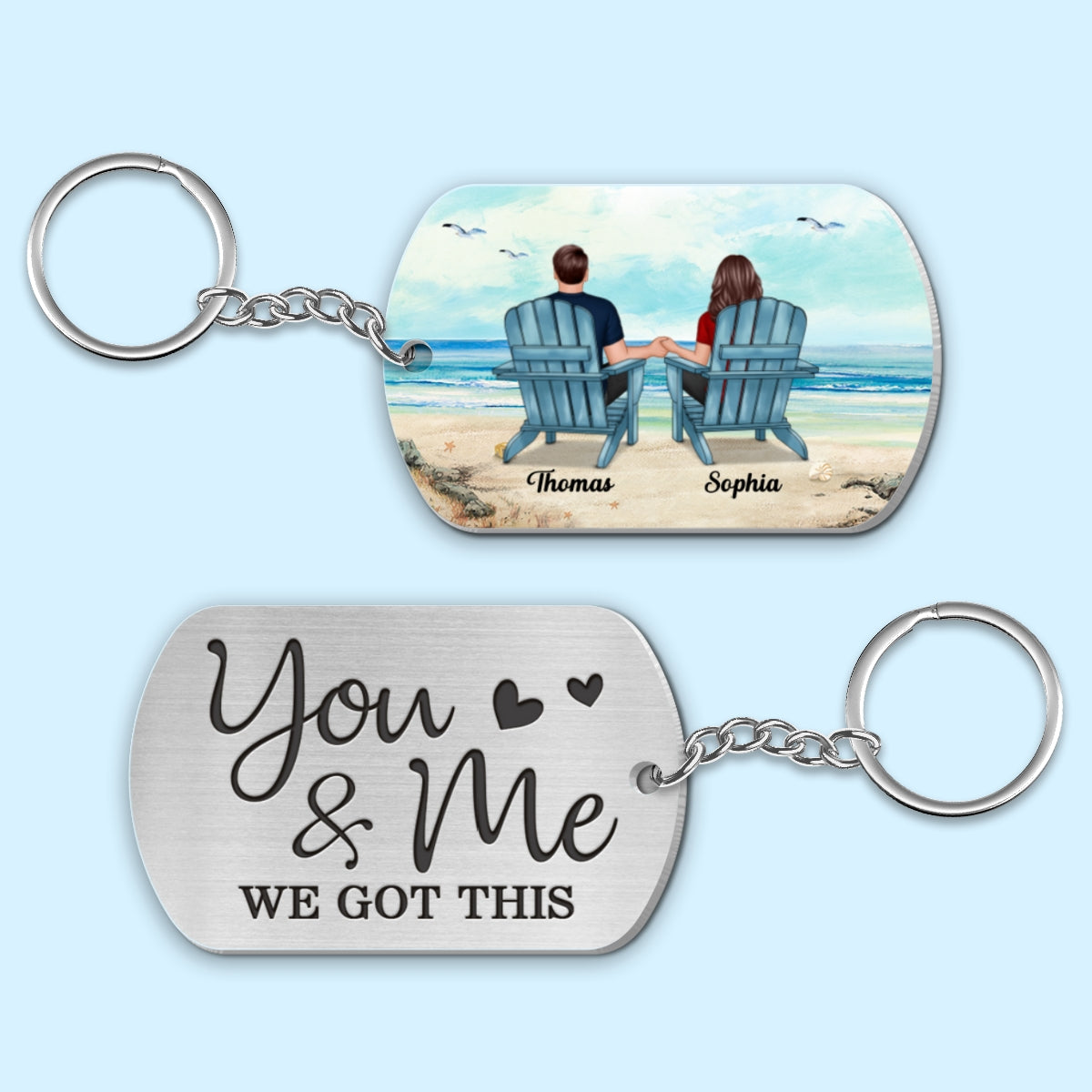 Back View Couple Sitting Beach Landscape Personalized Metal Keychain