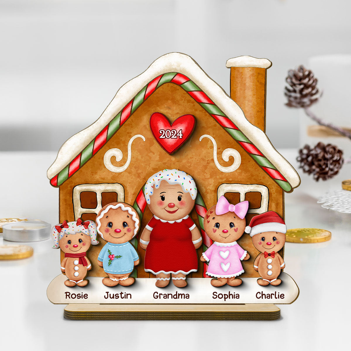 Gingerbread Family Standing House Personalized 2-Layer Standing Wooden Plaque