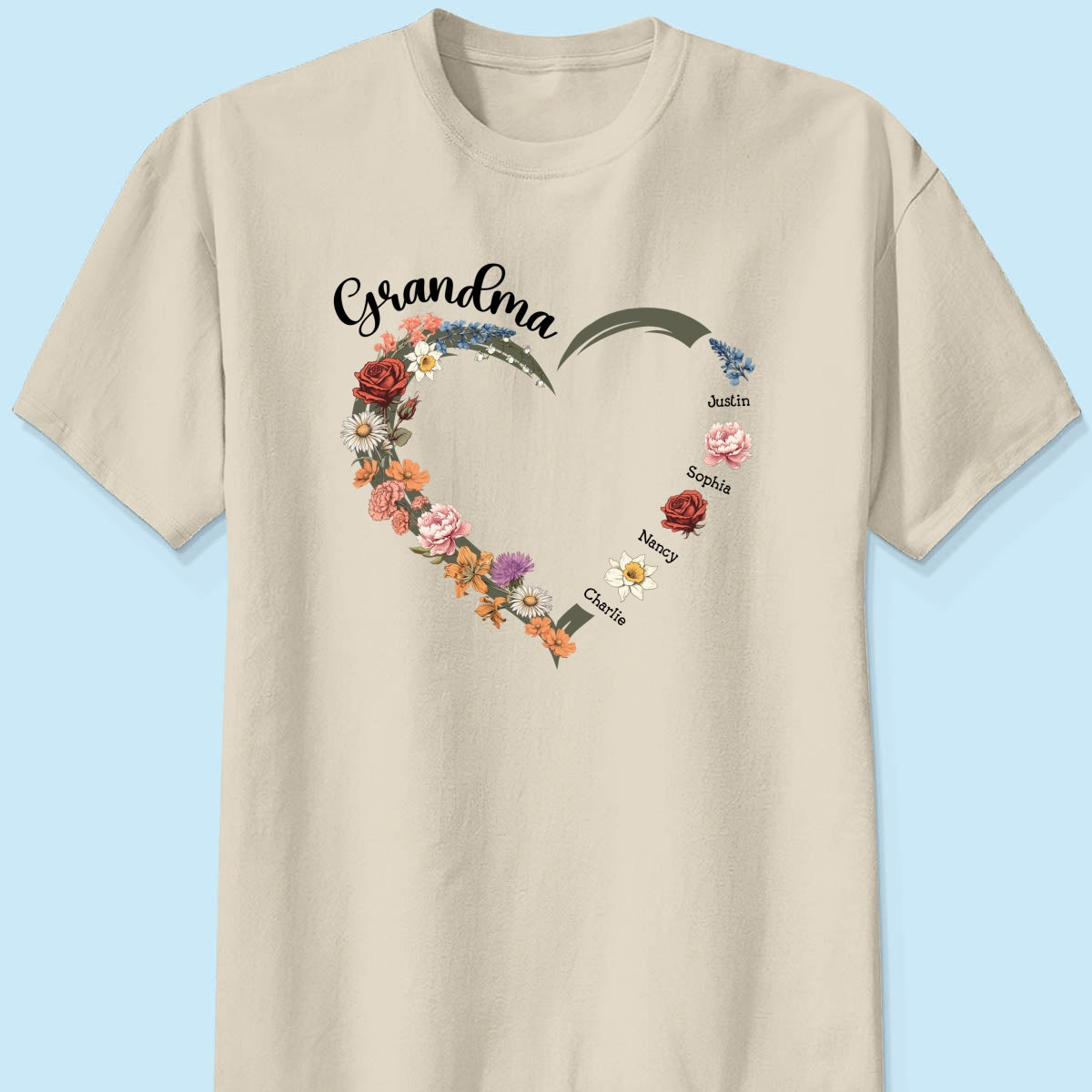 Grandma Mom Heart Birth Month Flowers Personalized Shirt