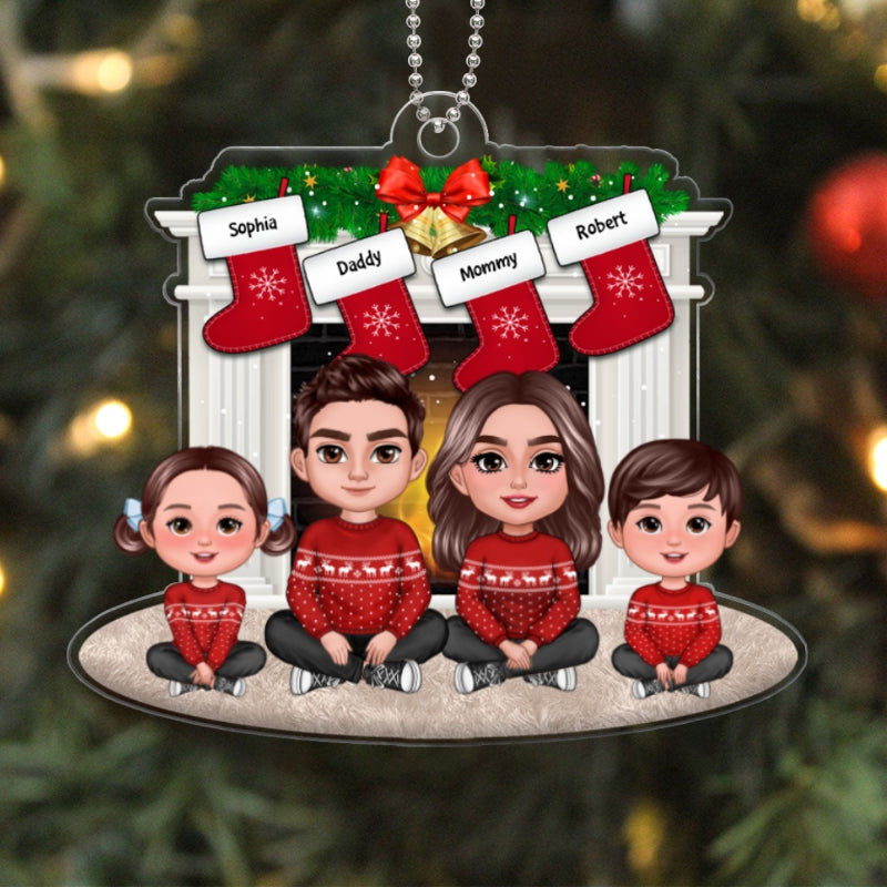 Family Crossed Legs Sitting By Christmas Fireplace Dad Mom Kid Dog Cat Personalized Acrylic Ornament