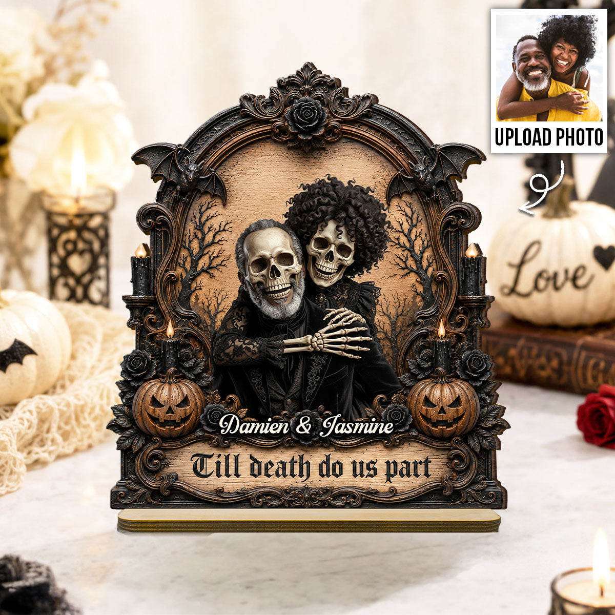 Halloween Custom Photo Skeleton Couple - Personalized 2-Layered Wooden Plaque - Halloween Gift For Couple