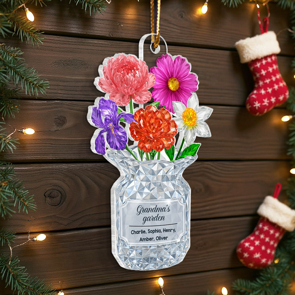 Grandma's Garden Birth Month Flower Vase 3D Crystal Effect, Personalized Acrylic Ornament, Christmas Gift Grandma