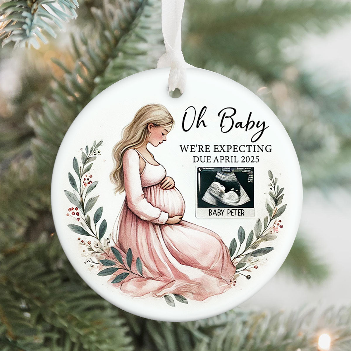 Oh Baby We're Expecting Pregnant Mom Baby Bump's Christmas Personalized Ceramic Ornament