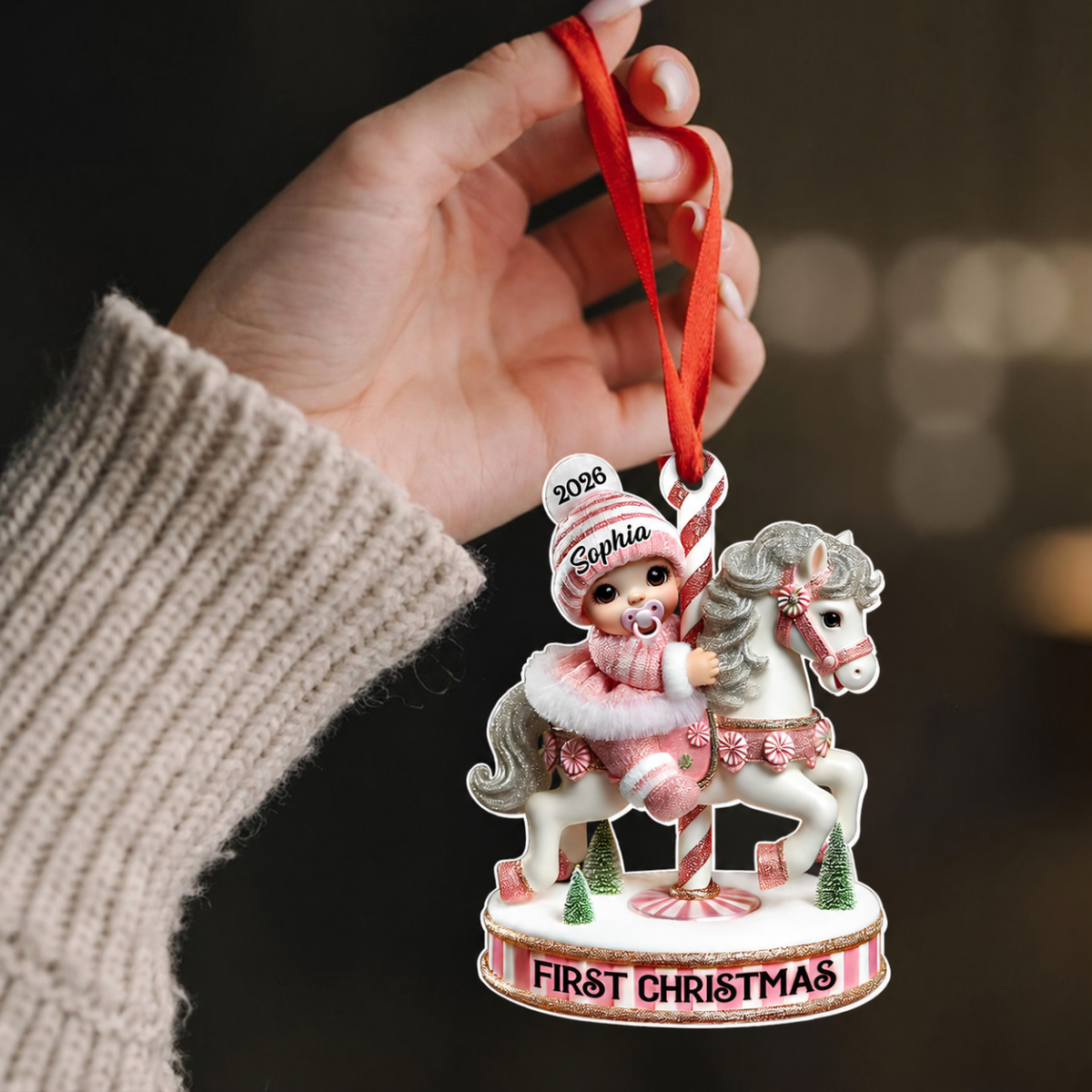 Baby's First Christmas Cute Baby On Carousel Horse Personalized Acrylic Ornament, New Parents Keepsake, Gift For Newborn