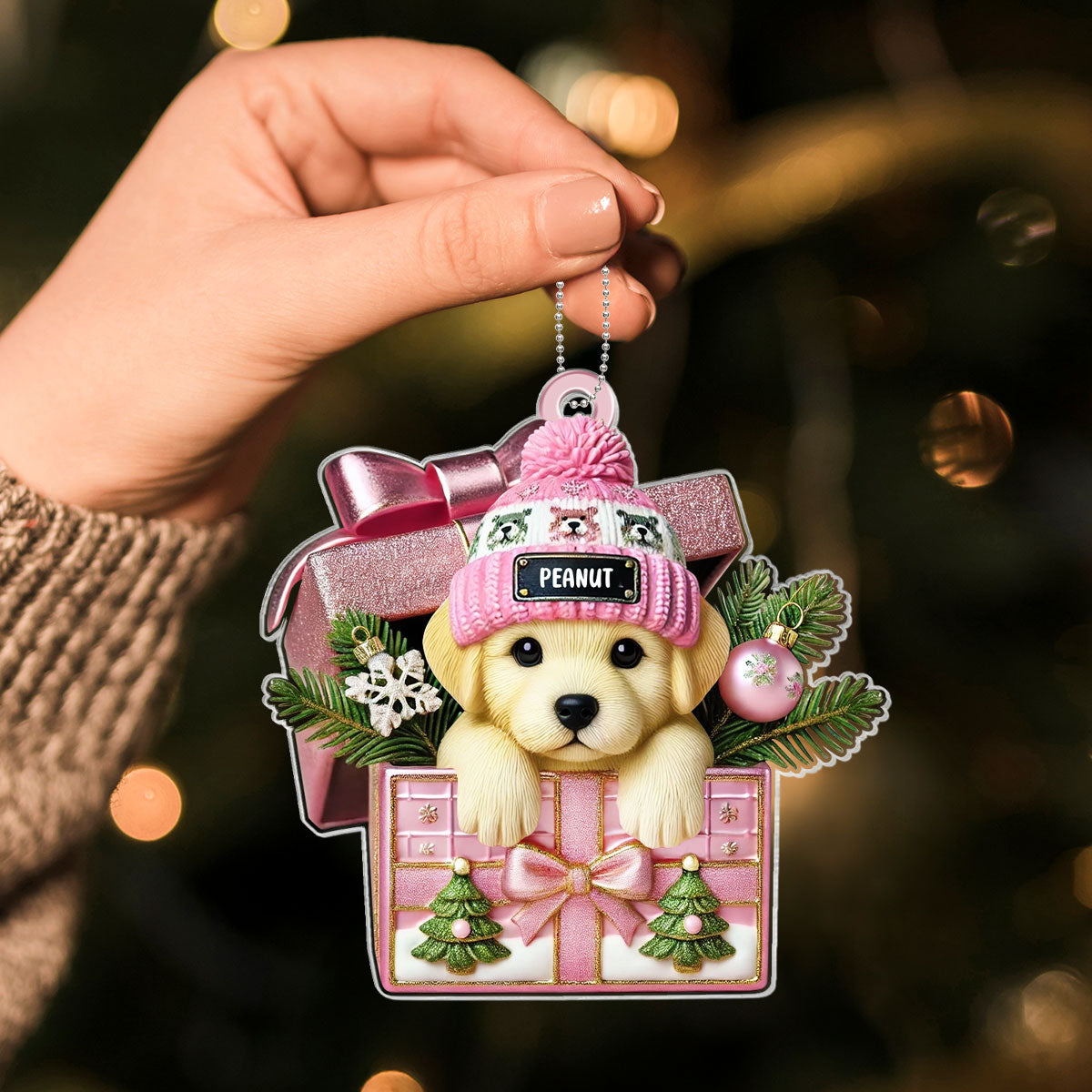 Cute Labrador Dog Inside Gift Box Personalized 2D Flat Acrylic Ornament, Christmas Gift for Dog Lovers