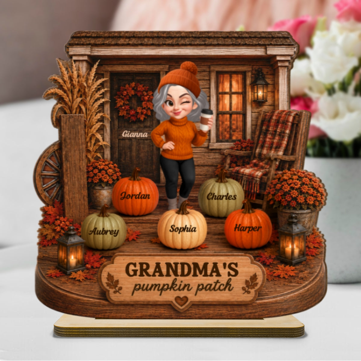 Grandma's Pumpkin Patch Front Porch 2D Flat Printed - Personalized 2-Layered Wooden Plaque - Cozy Fall Decor for Grandma