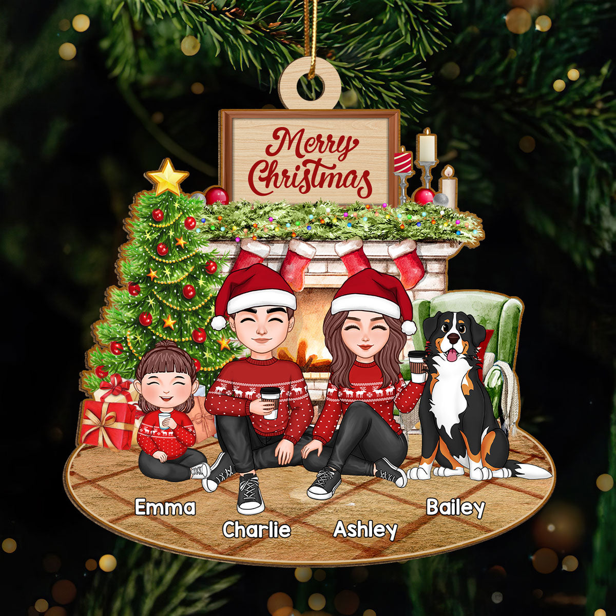 Cute Family Dad Mom Kids Dogs Cats Sitting At Fireplace - Personalized Ornament
