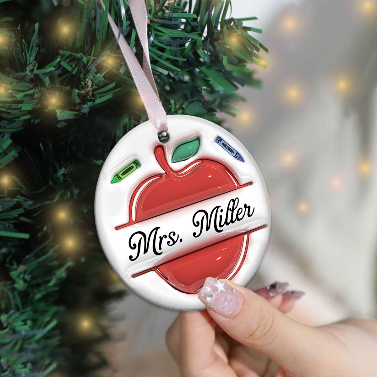 Teacher Things Pencil Apple 3D Inflated Personalized Ceramic Ornament