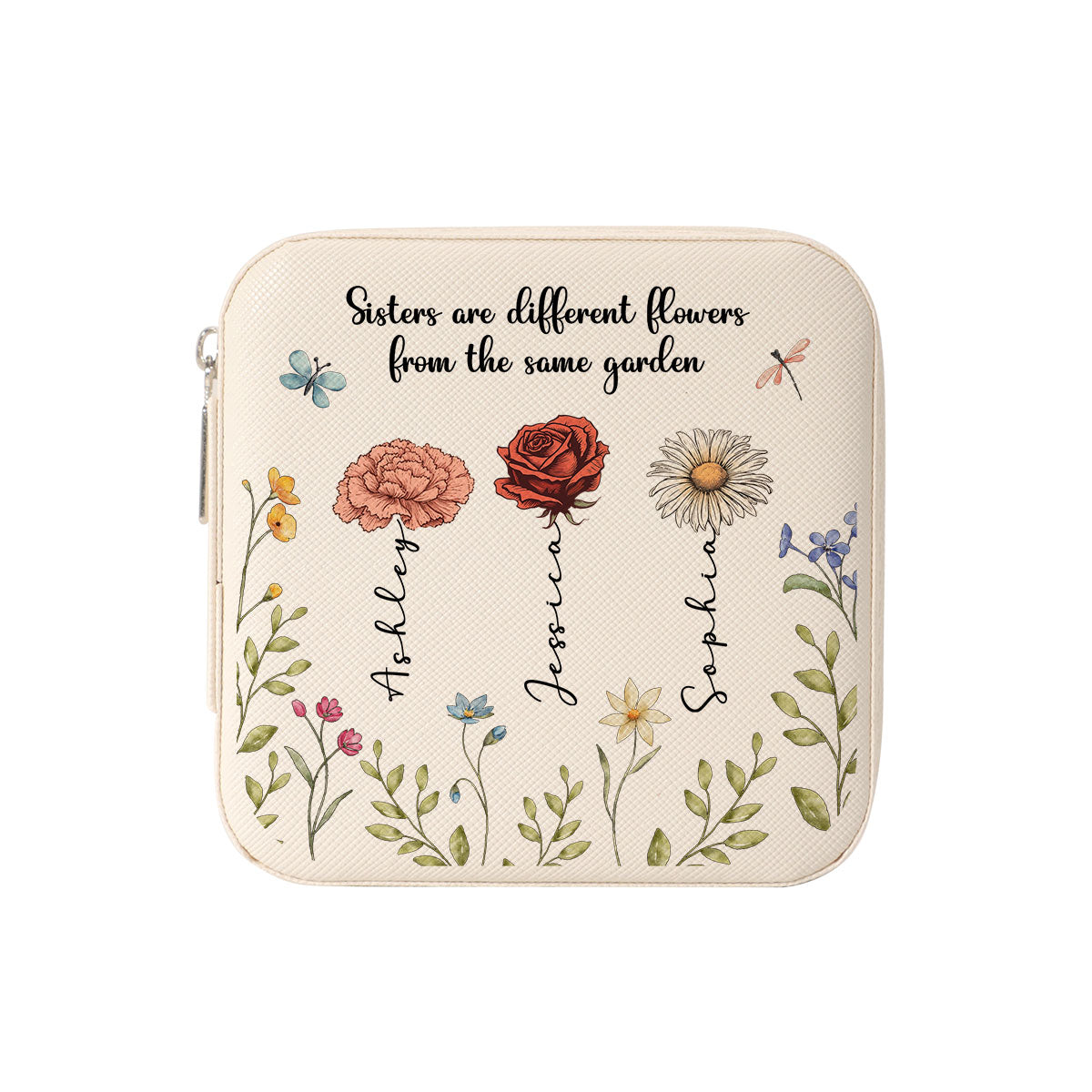 Sisters Are Different Flowers From The Same Garden Personalized Portable Jewelry Box, Birthday Gift For Sisters, Siblings, Besties or Just Because