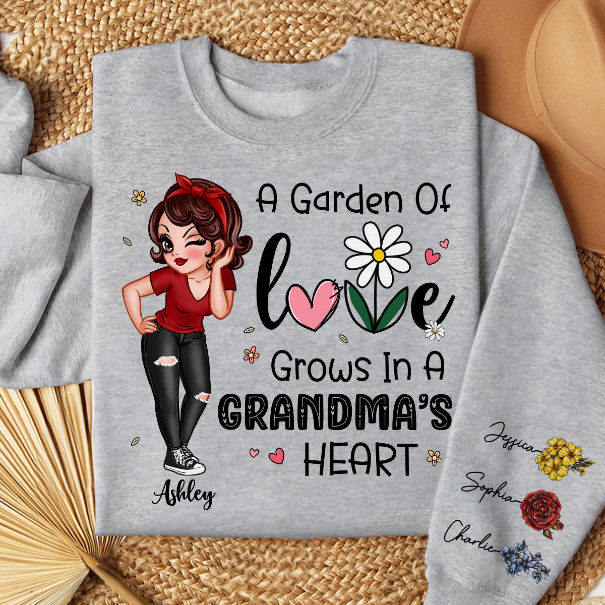 Garden of Love Grows In Grandma‘s Heart Beautiful Vintage Birth Flower Personalized Sleeve Printed Sweatshirt