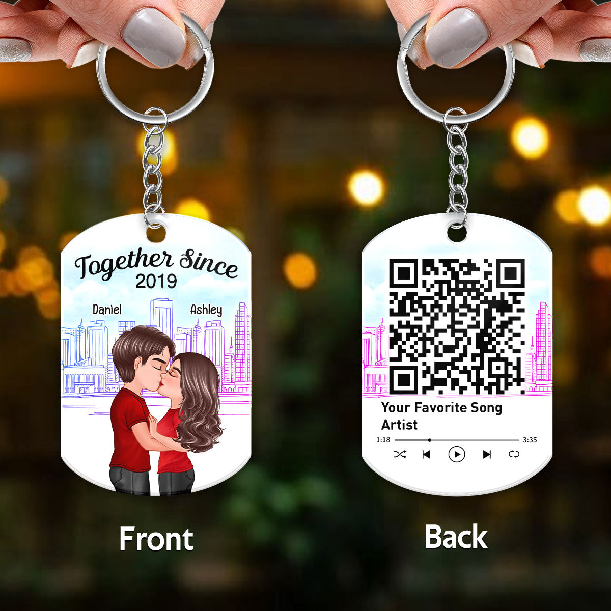 Doll Couple Kissing City Sketch Favorite Song QR Code Personalized Acrylic Keychain
