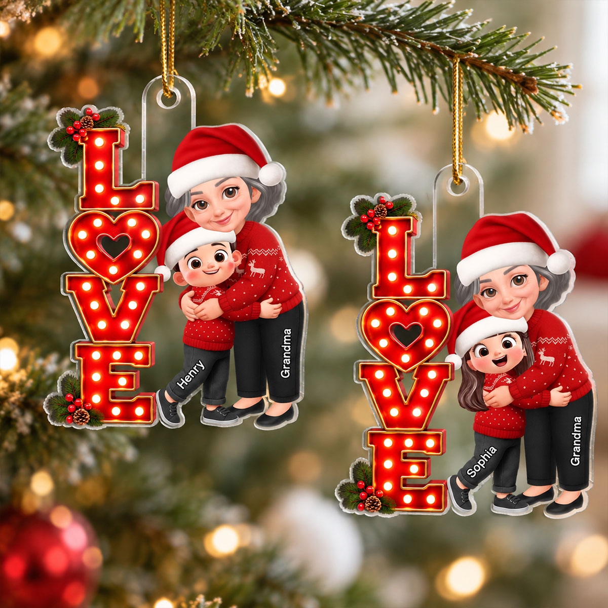 Grandma Hugging Grandkids LOVE Christmas Marquee 2D Flat - Personalized Acrylic Ornament - Christmas Gift For Grandma, Granddaughter, Grandson