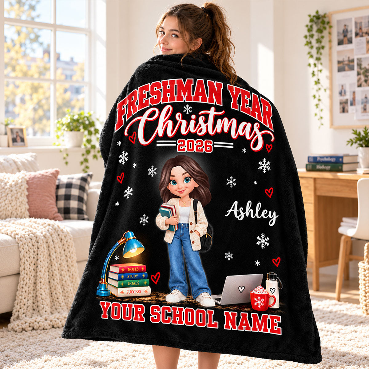 Freshman Year Christmas Custom Name & School Name - Personalized Fleece Blanket - Christmas Gift For College Freshman, Boy, Girl, Grandkids, College Students