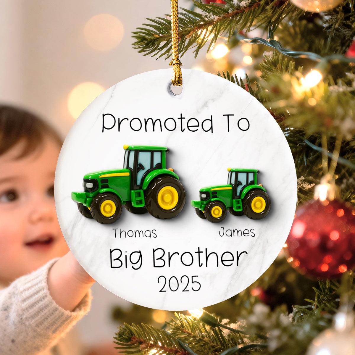 Promoted To Big Brother Big Sister Tractors - Personalized Ceramic Ornament - Proud New Big Siblings Gift