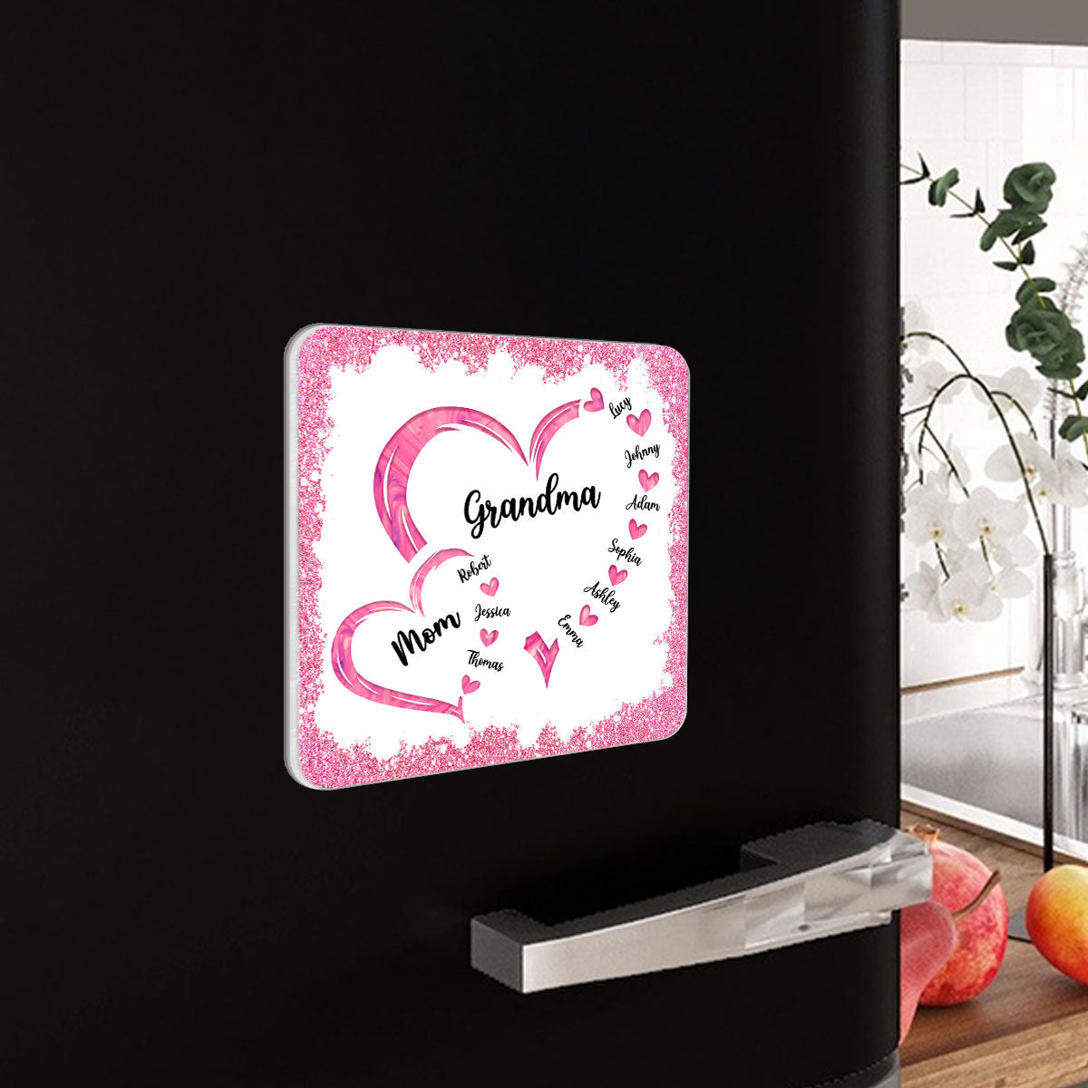 Mom Grandma Hearts In Heart Glitter Effect Personalized Acrylic Fridge Magnet
